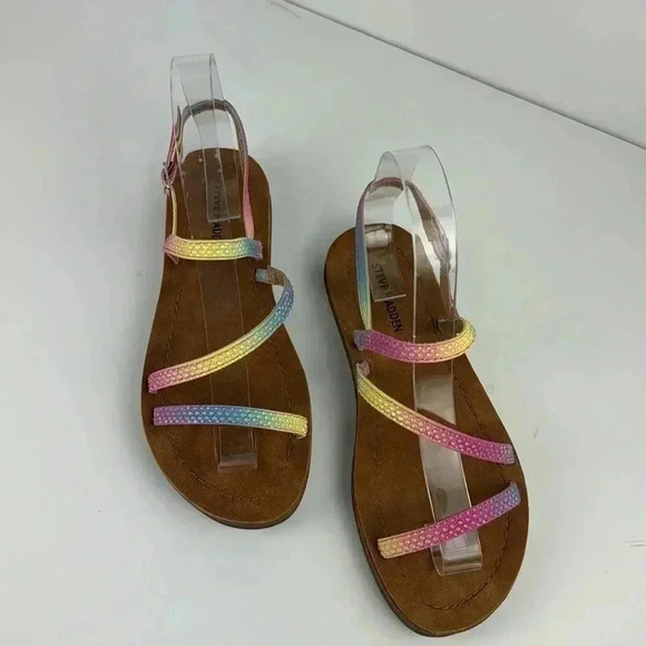 STEVE MADDEN SZ 3 MULTI COLOR SPARKLY SANDALS NWOT PINK BLUE YELLOW - Picture 2 of 6